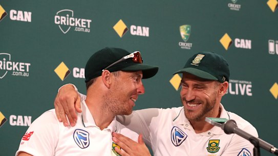 All smiles: South Africa's Test series victory gave paceman Kyle Abbott and skipper Faf du Plessis plenty of reasons to be cheerful.