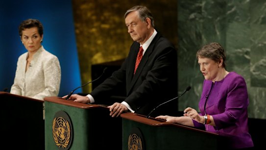 UN Development Program chief and former New Zealand prime minister Helen Clark (right) speaks during the debate as former UN climate chief Christiana Figueres and former Slovenian president Danilo Turk await their turn.