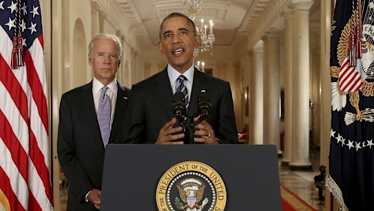 US President Barack Obama delivers a statement about the nuclear deal with Vice President Joe Biden at his side during an early-morning address to the nation from the White House in Washington.