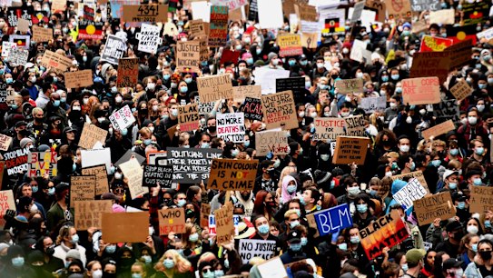 Black Lives Matter rally Melbourne highlighting Aboriginal deaths in custody and the death of Minneapolis man George Floyd. 