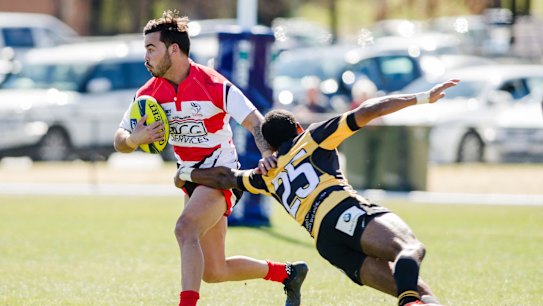 Canberra Vikings v Perth Spirit in National Rugby Championship rugby union. Canberra Vikings right wing Andrew Muirhead, and Perth Spirits right centre Marcel Brache.