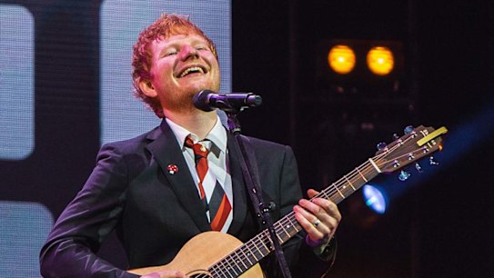 Musician Ed Sheeran performs 'Visiting Hours' at the Michael Gudinski state memorial service.