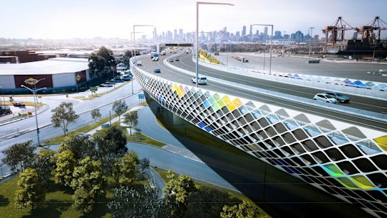 An artist's impression of an elevated freeway at Footscray Road, part of the West Gate Tunnel project. 