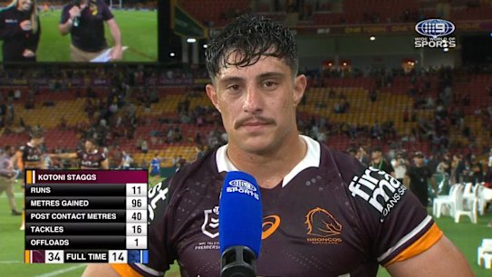 Kotoni Staggs wasted little time before focusing on a blockbuster clash with Sharks star Siosifa Talakai next week