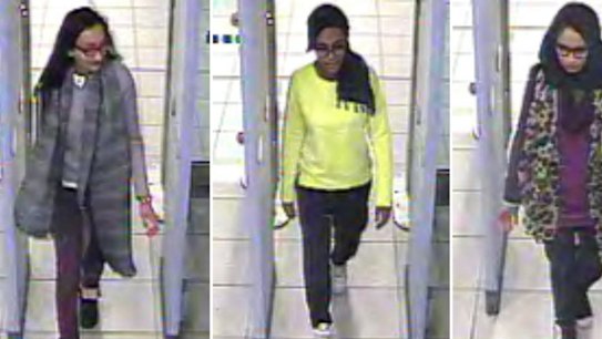 British teenagers Kadiza Sultana, Amira Abase and Shamima Begum at Gatwick Airport in February.