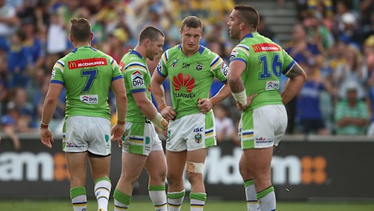 Aidan Sezer, Shaun Fensom, Jack Wighton and Paul Vaughan of the Raiders look dejected after a try against Parramatta on the weekend.
