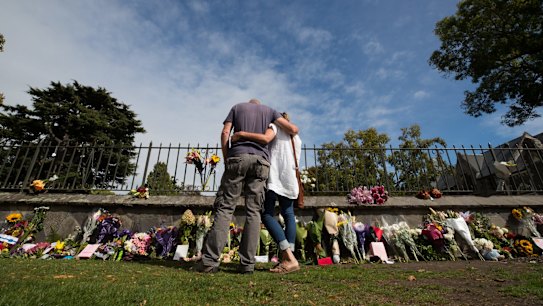Mosque Shooting Christchurch, New Zealand. A floral tribute on the fence of the Christchurch Botanic Gardens .16th March 2019. Photo by Jason South