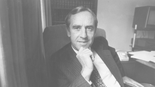 Premier of Victoria, John Cain, photographed in his office in Melbourne, 2 May 1982.
Fairfax Photo Archive

Portrait, black and white, archival, Victorian, Vic,