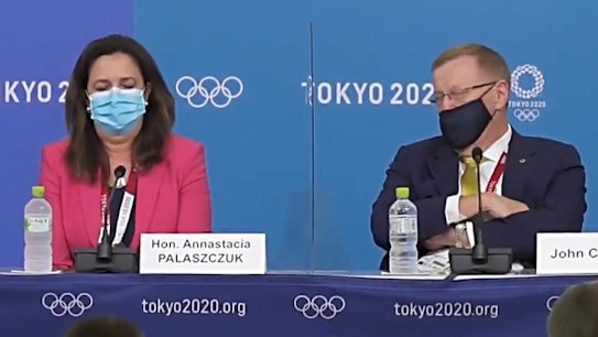 Australian Olympic Committee president John Coates insists Queensland Premier Annastacia Palaszczuk should attend the opening ceremony of the Tokyo Olympics during a press conference, then explains to her the reasons why.