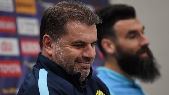 Ange Postecoglou with Mile Jedinak in Sydney on Tuesday.