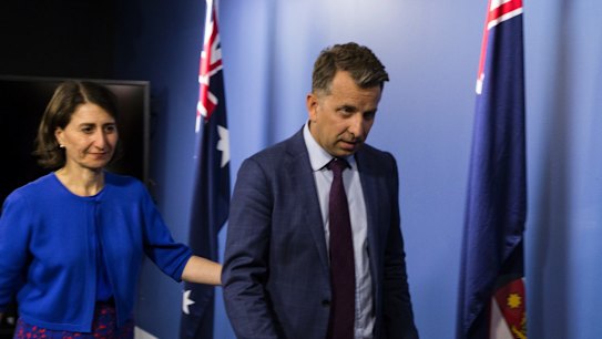 Premier Gladys Berejiklian and Transport Minister Andrew Constance leave a press conference on Thursday afternoon.