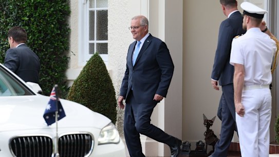 Australian Prime Minister Scott Morrison leaves Government House, Canberra after giving guidance to the Governor-General that he wished to call the federal election. 