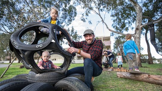 Marcus Veerman, CEO of Playground Ideas, in a Brunswick East playground based on his DIY designs.