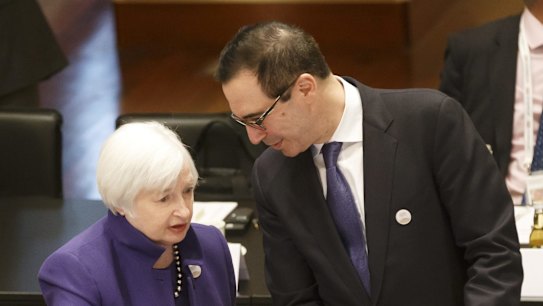 US Federal Reserve chair Janet Yellen with US Treasury Secretary Steven Mnuchin at the G20 Finance Ministers and Central Bank Governors meeting in Germany.