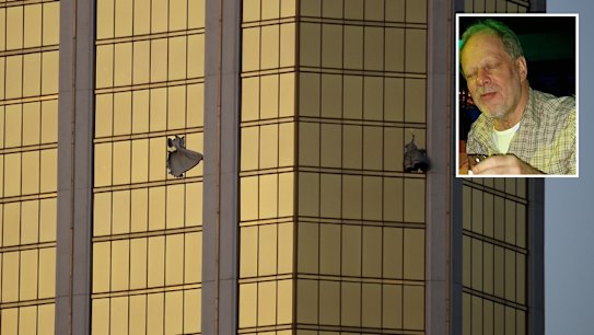 Stephen Paddock (inset) used a hammer to smash the window of his room in the Mandalay Bay Resort and Casino. 