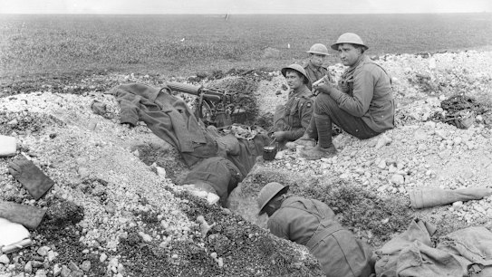 Meal time at a machine-gun post of the 5th Australian Machine Gun Battalion, Villers-Bretonneux plateau, France.
