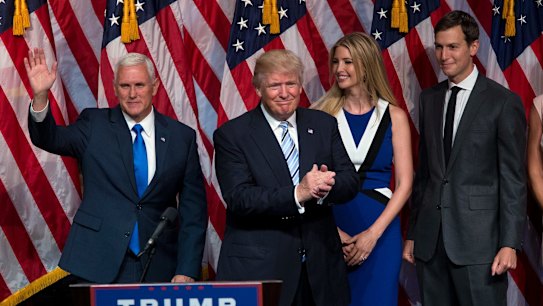 President Donald Trump with his main advisers Ivanka Trump and her husband Jared Kushner.