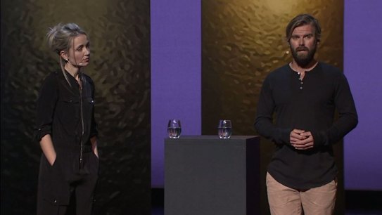 Thordis Elva and Tom Stranger speak together.