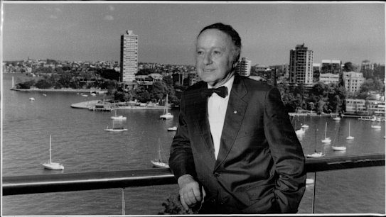 Harry Seidler on the balcony of his Milsons Point office with Blues Point Tower at left in background.