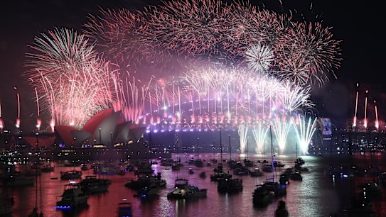 The New Years Eve Midnight fireworks as seen from Ms Macquarieâs Chair in Sydney on New Years Eve on January 1, 2019. Photo: Dominic Lorrimer