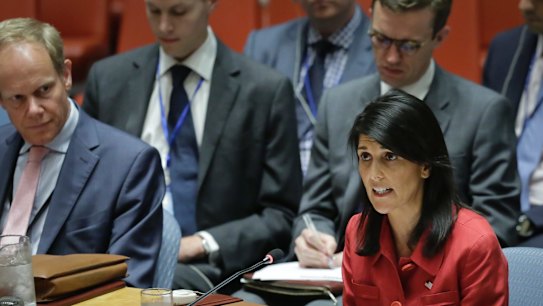 United States UN Ambassador Nikki Haley, right, speaks during United Nations Security Council meeting on North Korea's latest launch of an intercontinental ballistic missile on Wednesday.