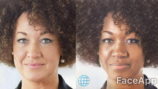 Rachel Dolezal's face before and after using FaceApp. 