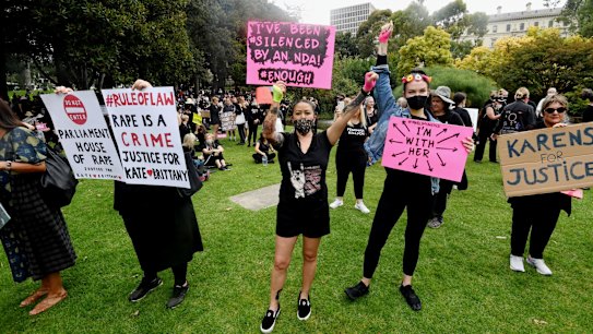 Thousands of protesters gather at Treasury Gardens for the Melbourne Women's March 4 Justice. 
