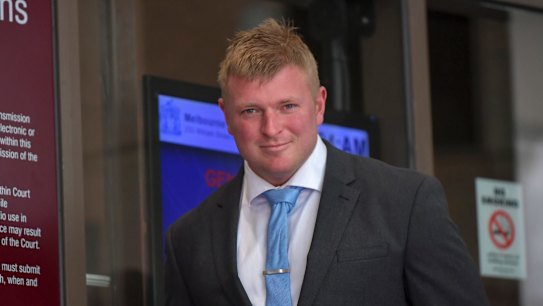 United Patriots Front leader leader Blair Cottrell outside Melbourne Magistrates Court on Tuesday.