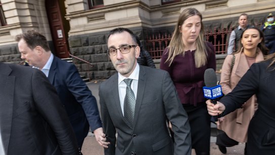 Jason Roberts walks out of custody for the first time in more than two decades after being acquitted of murdering police officers Gary Silk and Rodney Miller in Melbourne's south-east in 1998. A Supreme Court jury on Monday found Roberts, 41, not guilty of two charges of murder over the officers deaths. Photo by Jason South. 11th July 2022.