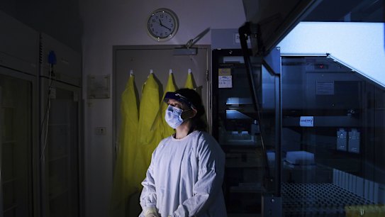 Senior Hospital Scientist Anna Condylios in the Virology Laboratory. Anna is part of the team that is testing patient samples for coronavirus. Prince of Wales Hospital, Randwick, Sydney. Coronavirus, Covid-19. 22nd April, 2020. Photo: Kate Geraghty/SMH  