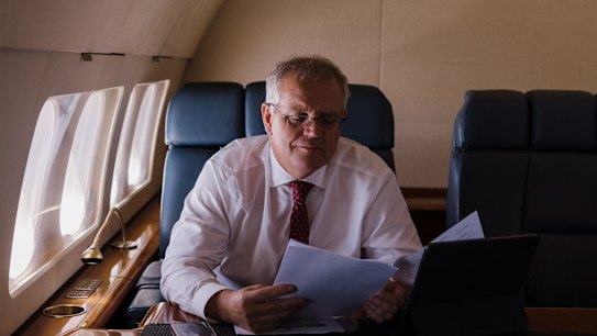 Australian Prime Minister Scott Morrison onbaord a RAAF Boeing 737 BBJ flying from Sydney to Brisbane, for a number of community engagements and policy announcements. 