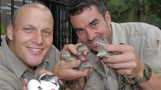 Shoalhaven Zoo owner Nick Schilko with handler Trent Burton who was bitten by a croc during a feeding show on Monday. 