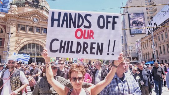People protesting against the Pandemic Bill in Melbourne on Saturday 27 November 2021. 
