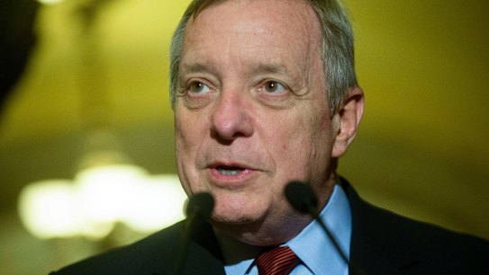 Senator Dick Durbin, a Democrat from Illinois, speaks during a news conference.