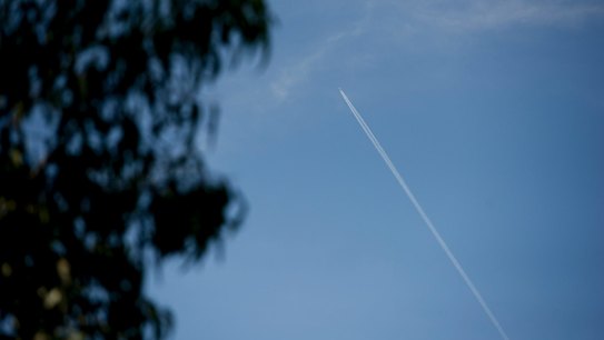 Contrails behind a plane flying over Canberra.