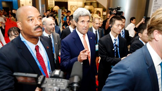US Secretary of State John Kerry during the G20 Summit in Hangzhou on Sunday. Mr Kerry emerged briefly to announce a ceasefire had yet to be agreed.