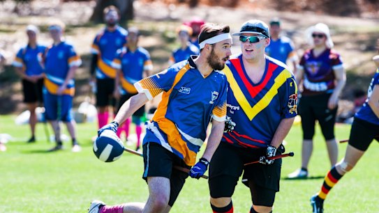 Game on: ANU Owls v South Australia Bunyips competing in the Australian Quidditch championships at the AIS. ANU's Ben Keough. Photo Elesa Kurtz
