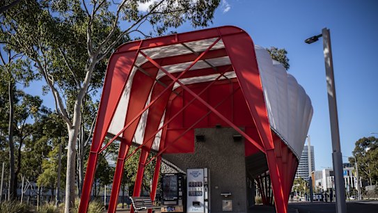 NEWS: One of several architect designed Olympic Amenities Buildings at Homebush. 13th August 2020, Photo: Wolter Peeters, The Sydney Morning Herald.