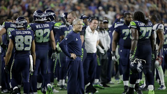 "Cannot believe that play call": Seahawks head coach Pete Carroll after Russell Wilson was intercepted by Patriots strong safety Malcolm Butler.