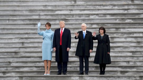 First lady Melania Trump, President Donald Trump, Vice-President Mike Pence and his wife, Karen Pence, farewell the Obamas.