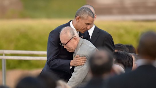 US President Barack Obama embraces atomic bomb survivor Shigeaki Mori during his visit to the Hiroshima Peace Memorial Park on Friday.