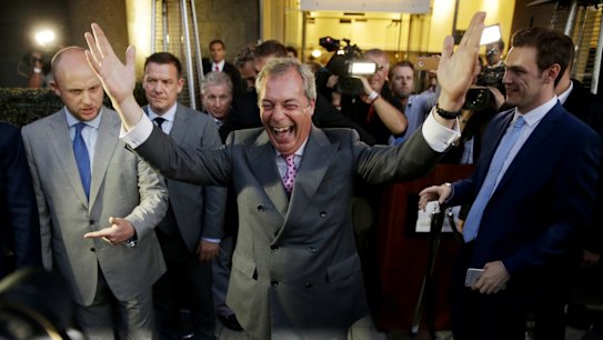 Nigel Farage, the leader of the UK Independence Party celebrates.