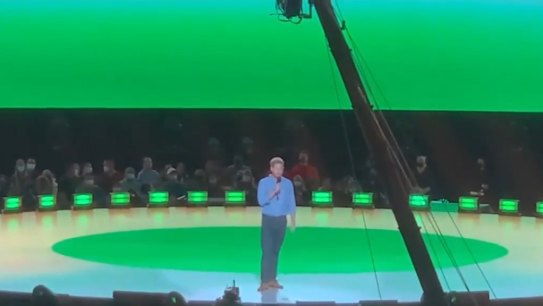 Prince Harry has appeared on stage at the Vax Live concert in Los Angeles without pregnant wife Meghan.