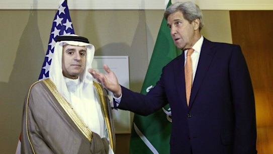 Complicated relationship: US Secretary of State John Kerry with Saudi Foreign Minister Adel al-Jubeir.