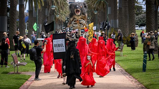 The sombre Extinction Rebellion procession through Catani Gardens was accompanied by a group of musicians playing Chopin’s Funeral March. The group’s signature, silent ‘Red Rebels’ - wearing flowing red dresses and white face paint - lead the protest of more than 100 people.