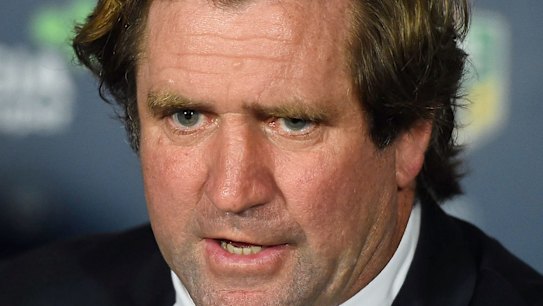 TOWNSVILLE, AUSTRALIA - JULY 21: Bulldogs coach Des Hasler speaks at the post match media conference at the end of during the round 20 NRL match between the North Queensland Cowboys and the Canterbury Bulldogs at 1300SMILES Stadium on July 21, 2016 in Townsville, Australia. (Photo by Ian Hitchcock/Getty Images)