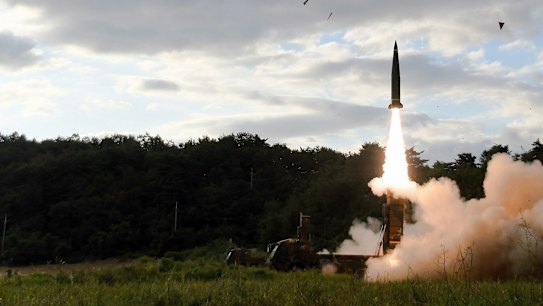 South Korea's Hyunmoo II ballistic missile is fired during an exercise at an undisclosed location in South Korea on Friday.