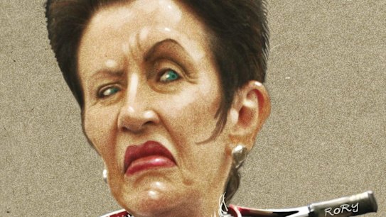 An illustration picturing Clover Moore impaling a tennis racket. 