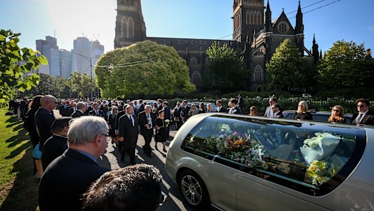 The hearse departs after the funeral service for Senator Kimberley Kitchingat St Patrick's Cathedral. 21 March 2022. 