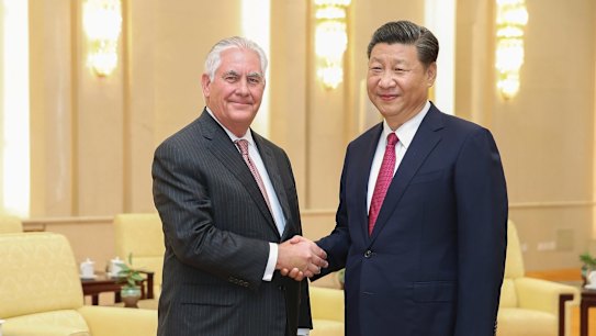 US Secretary of State Rex Tillerson with Chinese President Xi Jinping in Beijing on Saturday.